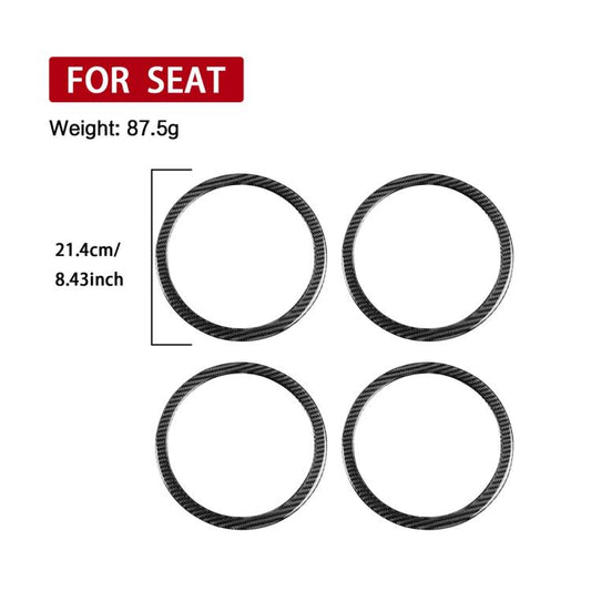 Four round carbon fiber door horn ring stickers with black textured trim, shown with size