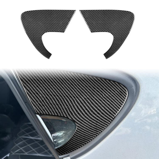 Carbon fiber rear triangle window stickers set, black pair with triangular cutouts