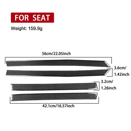Four-piece black carbon-fiber door panel trim strip set with dimensions