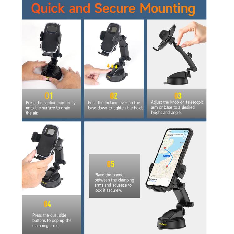 Black car/desk phone holder with quick-release clamp and adjustable telescopic height