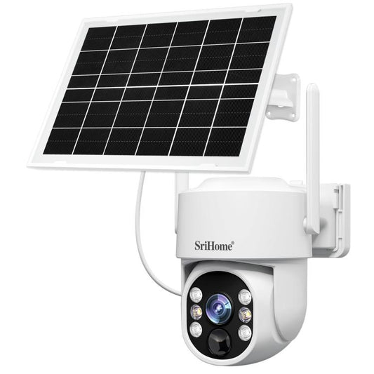Solar-powered outdoor wireless security camera with white housing and solar panel