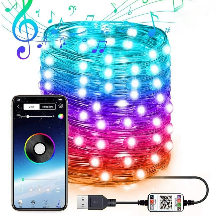 Copper wire RGB LED holiday light string with multicolor bulbs and USB power