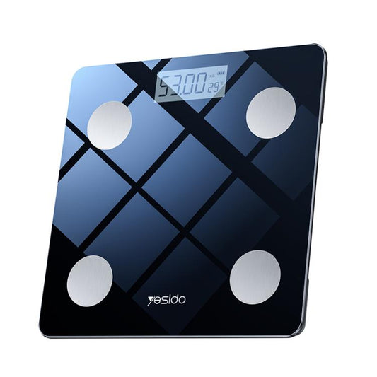 Smart body fat scale with blue-black glass top and four round sensor pads