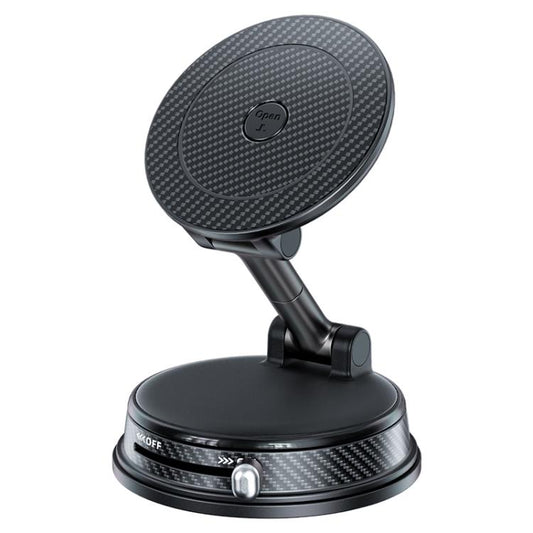 Black foldable magnetic car phone holder with vacuum base and carbon-fiber top pad