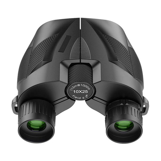 Compact black binoculars with green objective lenses and central focus wheel