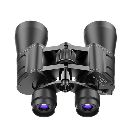 Black zoom binoculars with central focus wheel and dual large eyecups