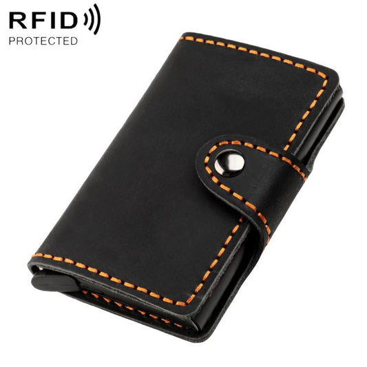 Black genuine leather RFID card holder with snap button strap and orange stitching
