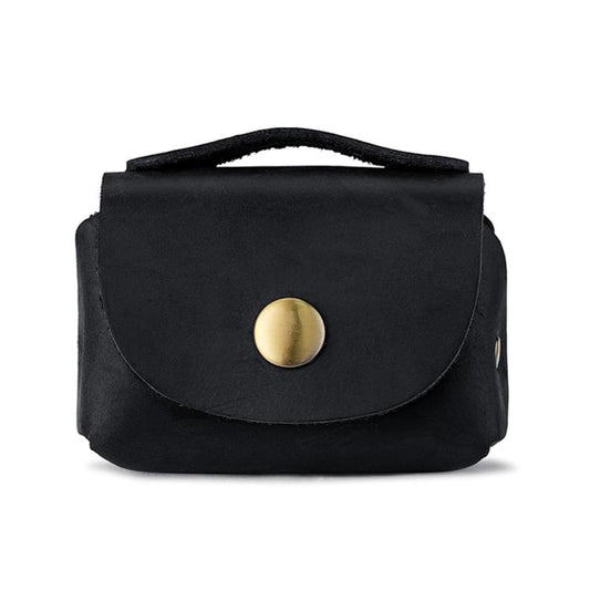 Black genuine leather mini coin purse with hinged flap and brass snap button