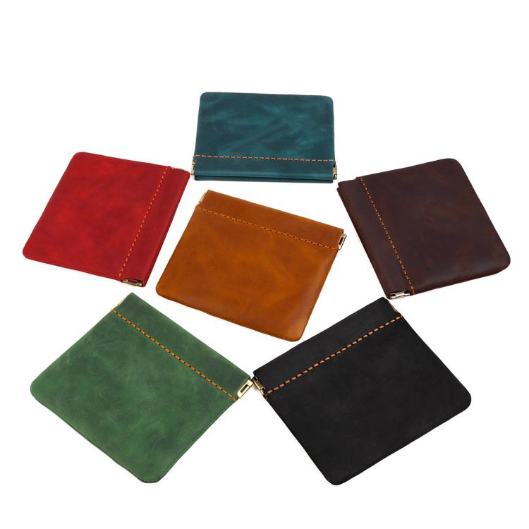 Stitched leather coin purse, snap clasp, shown in red, teal, brown, green, black