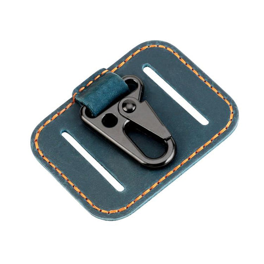 Blue leather car key holder with metal clasp, orange stitching, and two white slots