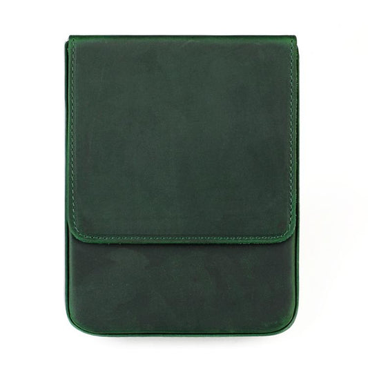 Crazy Horse leather pull-out fountain pen cap cover, green, snap-flap design