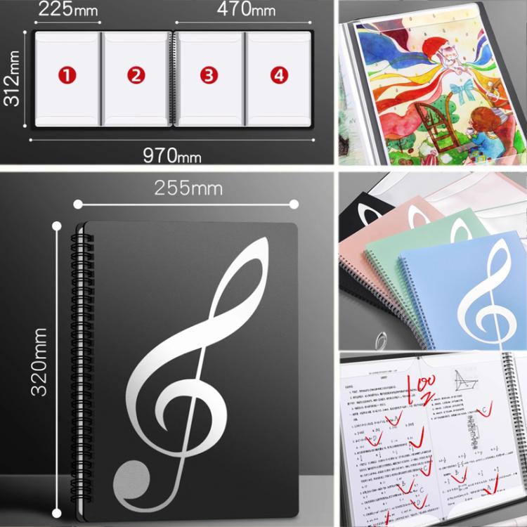 Piano music sheet binder size layout diagram with cover and pages mockups