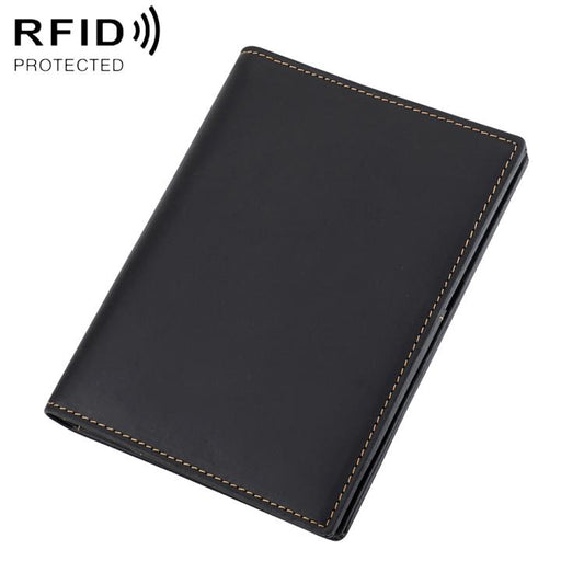 Black leather RFID card ID wallet with contrast edge stitching and slim fold design.
