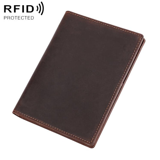 Dark brown leather RFID card ID wallet with contrast edge stitching and slim fold design.