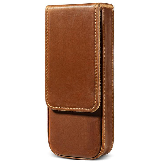 Brown leather magnetic pencil case with flap closure, slim vertical three-piece style