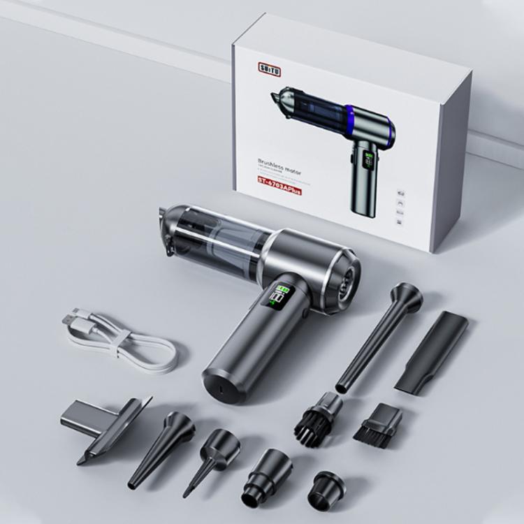Cordless handheld vacuum cleaner kit with attachments and charging stand in retail box