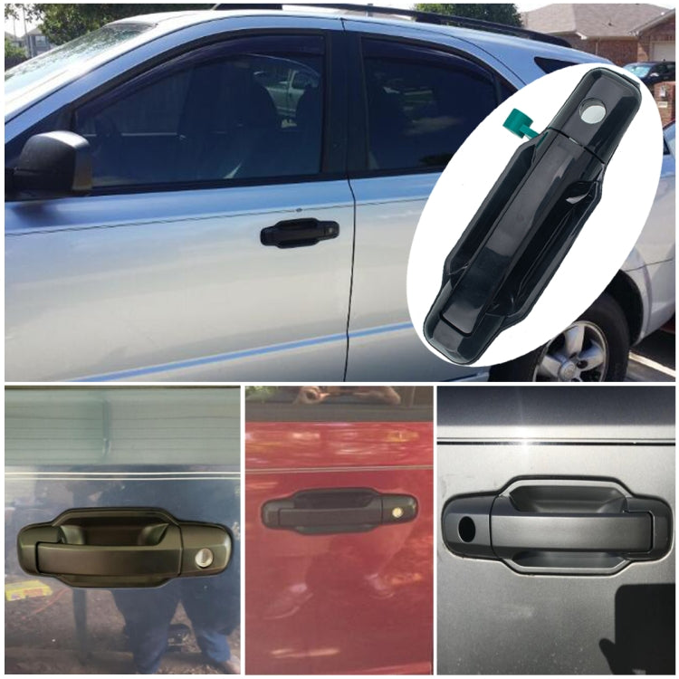 Installed left rear outside door handle on car door, black handle with green clip close-up