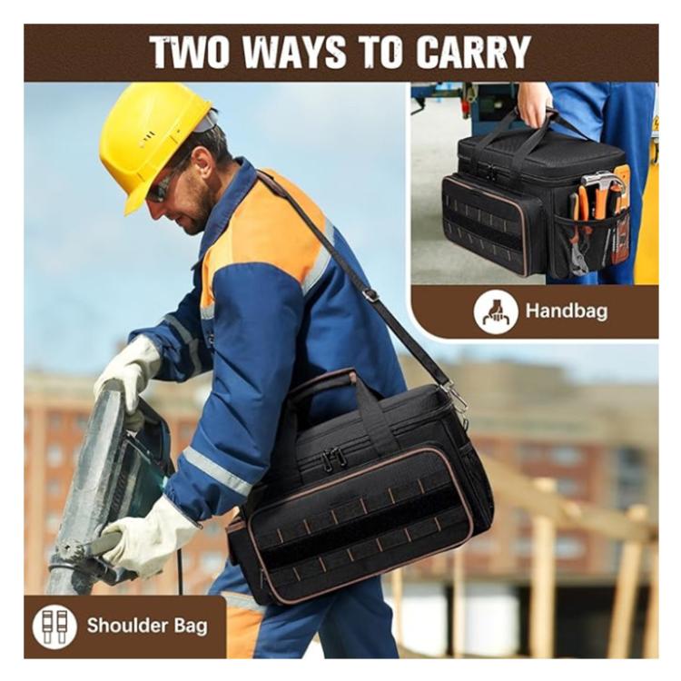 Black tool bag with shoulder strap and top carry handle for two ways to carry