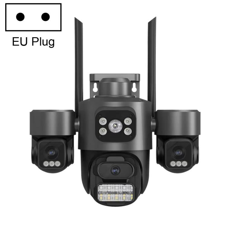 EU plug triple-lens PTZ security camera with dual antennas, front lens cluster