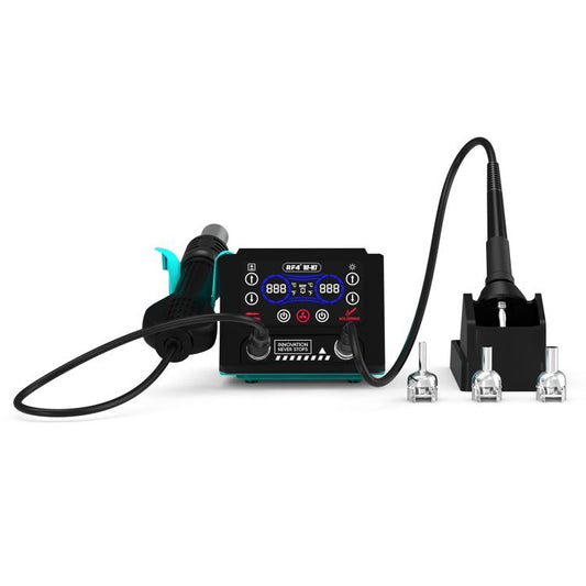 Digital hot air gun and soldering/desoldering station with nozzle, display, and iron stand