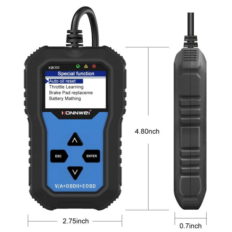 OBDII car diagnostic scanner with blue screen, black body size diagram: 2.75 and 4.8 inches