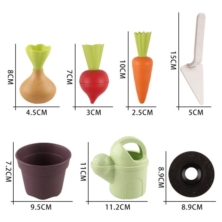 Pretend plant set with watering can, small pots, and vegetable-shaped pieces plus tool
