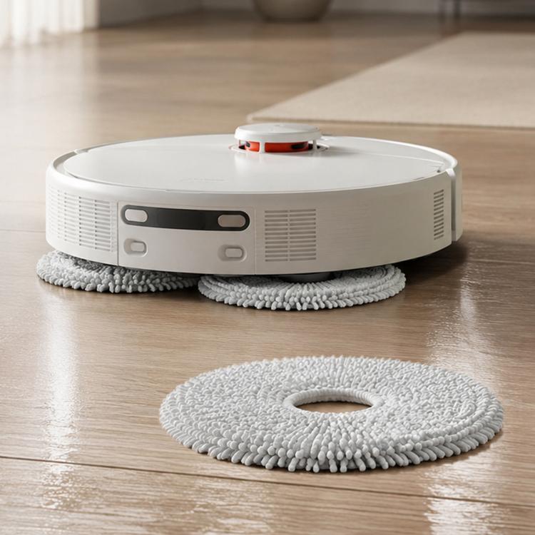 Two grey circular mop pads with center holes for robot vacuum mops