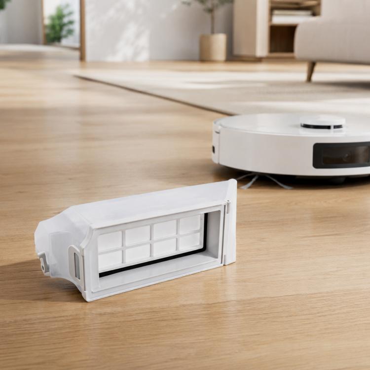 White rectangular filter cartridge with pleated mesh insert for robot vacuum