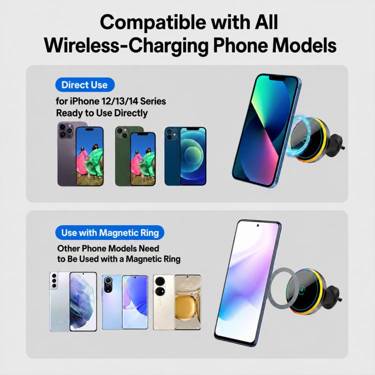 Wireless car charger mount with magnetic ring for compatible phone models