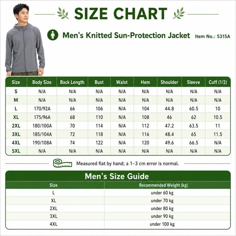 Men's sun-protection jacket size chart with model wearing gray jacket