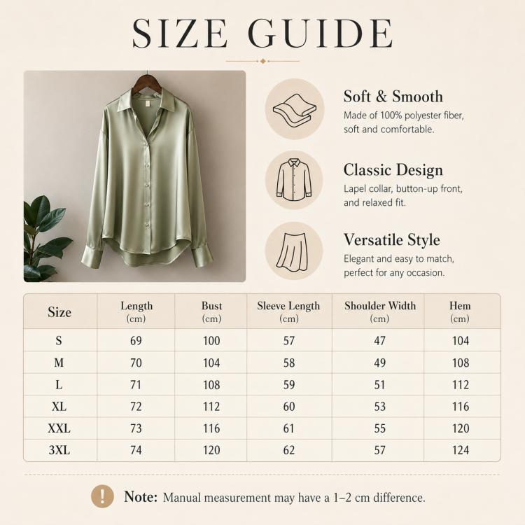 Green satin long-sleeve blouse on hanger with size guide
