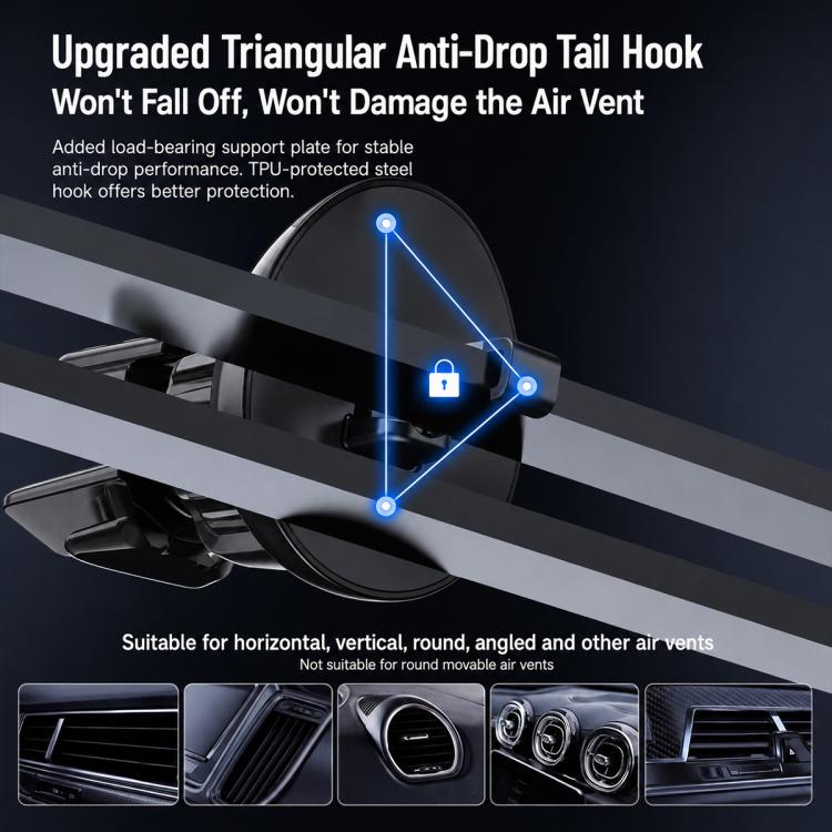 Triangular anti-drop car air vent holder with locking grip for magnetic wireless charger