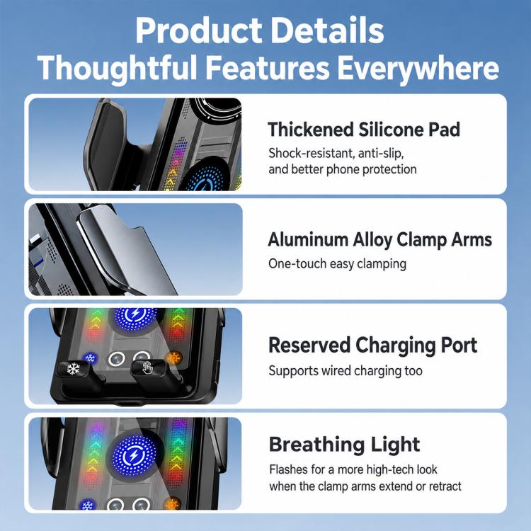 Car charger holder details: silicone pad, aluminum clamp arms, charging port, breathing light
