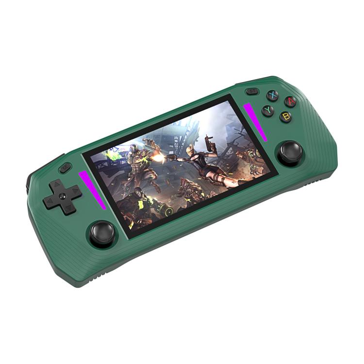 Green handheld game console with 4.3-inch screen, twin controls, and thumbsticks