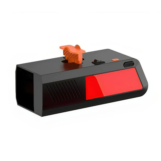 Electric mouse trap with orange trigger on black body and red control panel, front view.