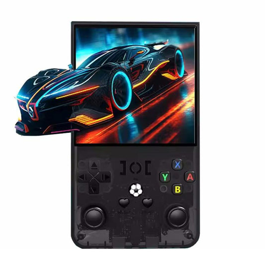 Black handheld retro game console with 4-inch screen and gamepad buttons