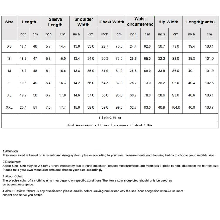 Size chart table with measurements for tops and pants, including chest and waist