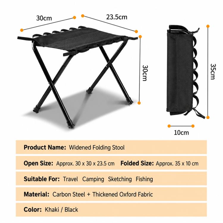Black folding storage stool with carrying bag and X-frame; includes size dimensions