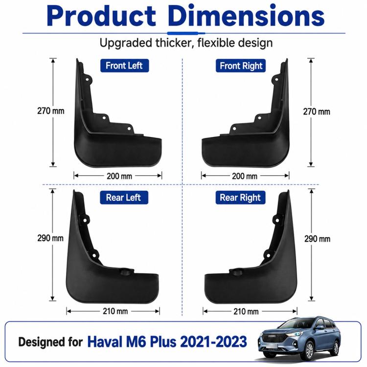 Set of 4 black car wheel splash flaps with mounting holes for front and rear sides