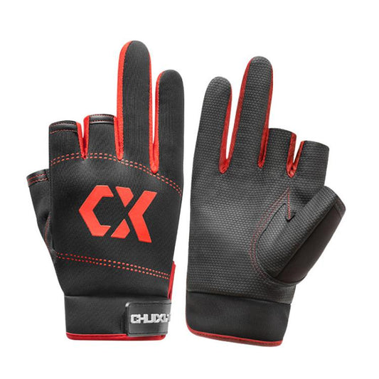 Black three-finger cut fishing gloves with red trim and CX logo on back