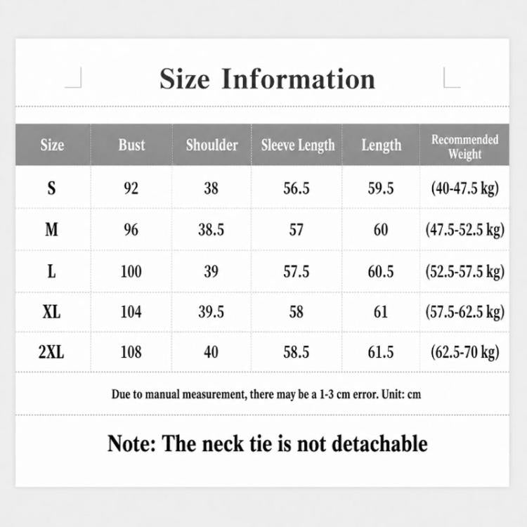 Size information chart with bust, shoulder, sleeve length, length, and recommended weight.