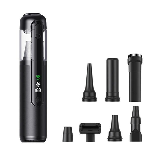 Black cordless handheld car vacuum cleaner with multiple suction attachments on display