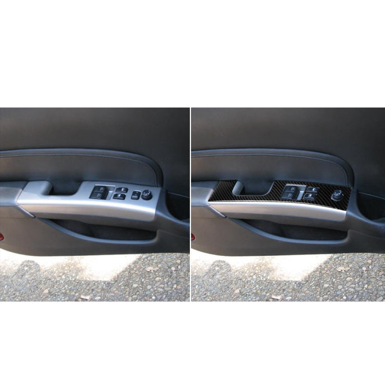 Split view showing installed carbon fiber door sticker on window switch trim area