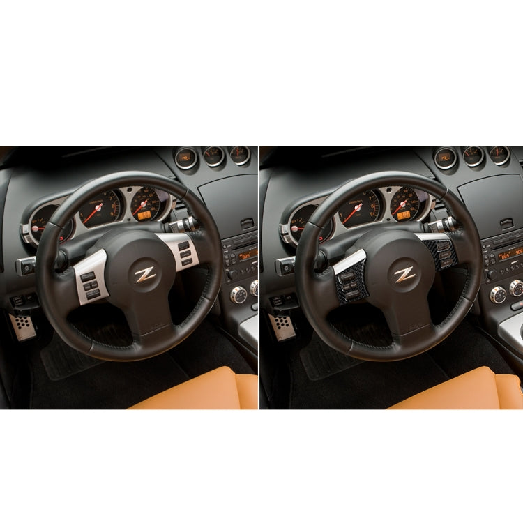 Steering wheel button frame sticker with carbon-fiber texture, shown installed on spokes