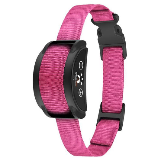 Dog anti-bark training collar with pink fabric strap and black control module