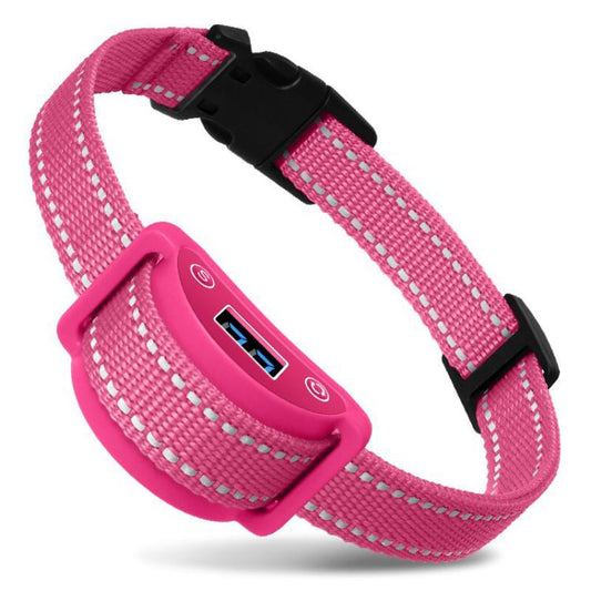 Pink fabric cat training collar with black clasp and integrated control module