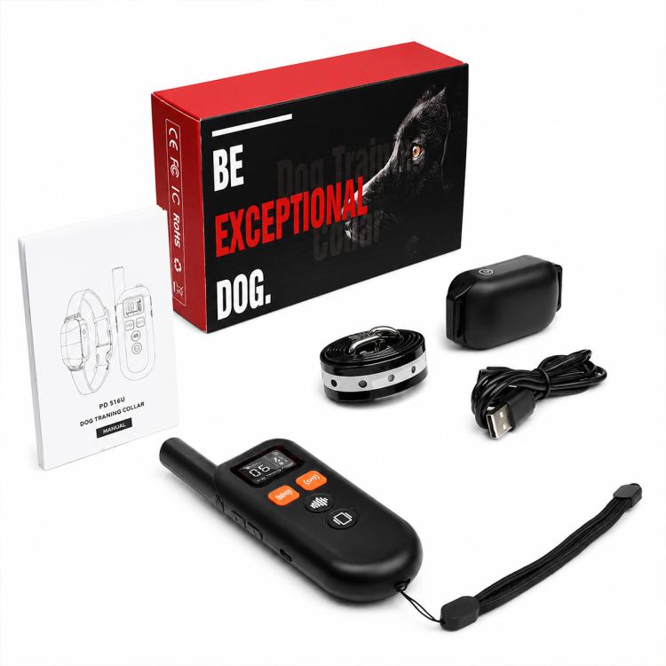 Dog training collar kit with black remote, collar base, charging cable and strap