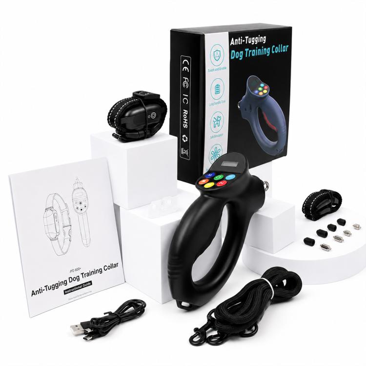 Electronic dog training collar kit with black receiver, strap, USB cable, and accessories