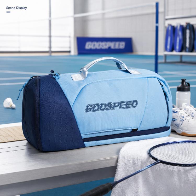 Light blue and navy racket bag backpack with GOODSPEED logo and duffel opening