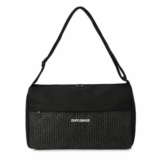 Black grid-panel crossbody gym handbag with top handle straps and zipper closure